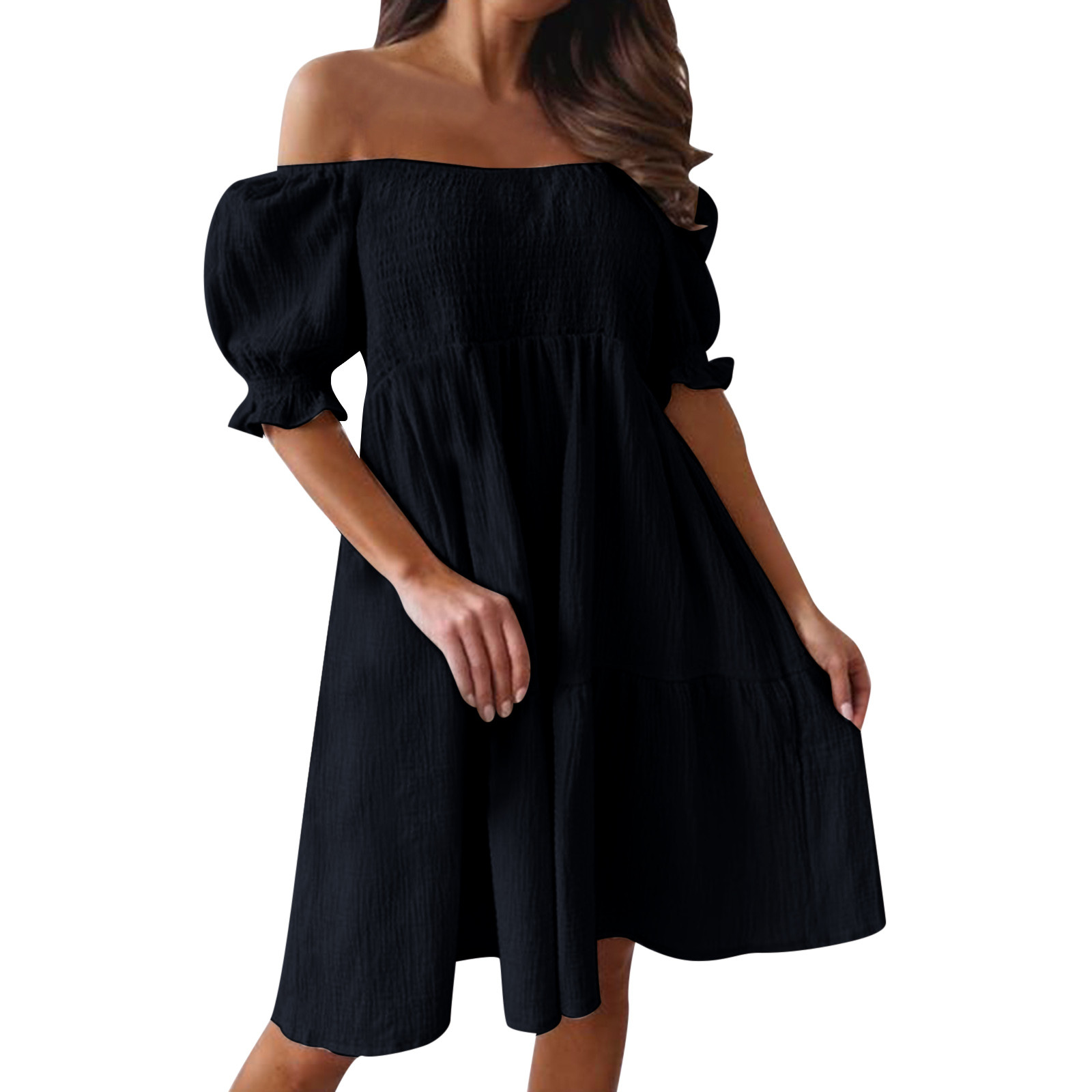 thumbnail image 2 of Vestido bohemio con hombros descubiertos para mujer - Manga abullonada, volantes fluidos, poliéster, ropa de playa/vacaciones/verano, 2 of 8